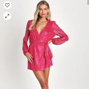 Lulus - Glamorous Essence Hot Pink Sequin Faux-Wrap Romper